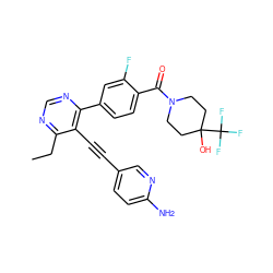 CCc1ncnc(-c2ccc(C(=O)N3CCC(O)(C(F)(F)F)CC3)c(F)c2)c1C#Cc1ccc(N)nc1 ZINC000148392663