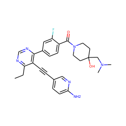 CCc1ncnc(-c2ccc(C(=O)N3CCC(O)(CN(C)C)CC3)c(F)c2)c1C#Cc1ccc(N)nc1 ZINC000148382813