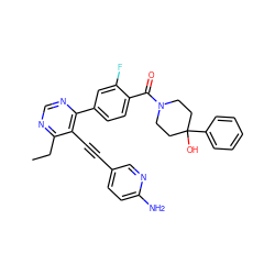 CCc1ncnc(-c2ccc(C(=O)N3CCC(O)(c4ccccc4)CC3)c(F)c2)c1C#Cc1ccc(N)nc1 ZINC000148877484