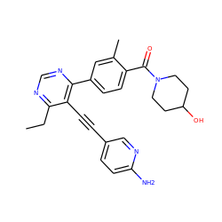 CCc1ncnc(-c2ccc(C(=O)N3CCC(O)CC3)c(C)c2)c1C#Cc1ccc(N)nc1 ZINC000148694460