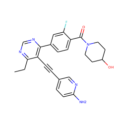 CCc1ncnc(-c2ccc(C(=O)N3CCC(O)CC3)c(F)c2)c1C#Cc1ccc(N)nc1 ZINC000148664069