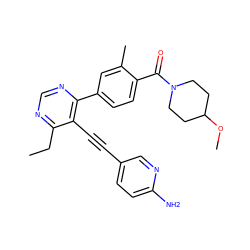 CCc1ncnc(-c2ccc(C(=O)N3CCC(OC)CC3)c(C)c2)c1C#Cc1ccc(N)nc1 ZINC000167400591