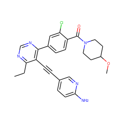 CCc1ncnc(-c2ccc(C(=O)N3CCC(OC)CC3)c(Cl)c2)c1C#Cc1ccc(N)nc1 ZINC000148494255