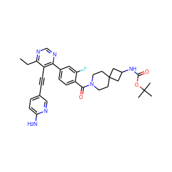 CCc1ncnc(-c2ccc(C(=O)N3CCC4(CC3)CC(NC(=O)OC(C)(C)C)C4)c(F)c2)c1C#Cc1ccc(N)nc1 ZINC000167468985