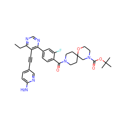 CCc1ncnc(-c2ccc(C(=O)N3CCC4(CC3)CN(C(=O)OC(C)(C)C)CCO4)c(F)c2)c1C#Cc1ccc(N)nc1 ZINC000148504335