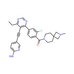 CCc1ncnc(-c2ccc(C(=O)N3CCC4(CC3)CN(C)C4)c(F)c2)c1C#Cc1ccc(N)nc1 ZINC000167480564