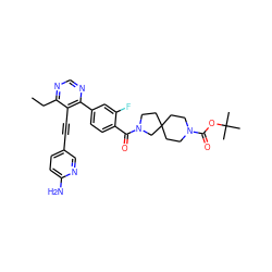 CCc1ncnc(-c2ccc(C(=O)N3CCC4(CCN(C(=O)OC(C)(C)C)CC4)C3)c(F)c2)c1C#Cc1ccc(N)nc1 ZINC000167473875