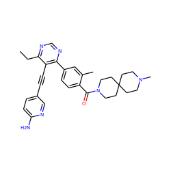 CCc1ncnc(-c2ccc(C(=O)N3CCC4(CCN(C)CC4)CC3)c(C)c2)c1C#Cc1ccc(N)nc1 ZINC000148752833