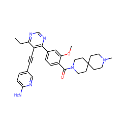 CCc1ncnc(-c2ccc(C(=O)N3CCC4(CCN(C)CC4)CC3)c(OC)c2)c1C#Cc1ccc(N)nc1 ZINC000167377532