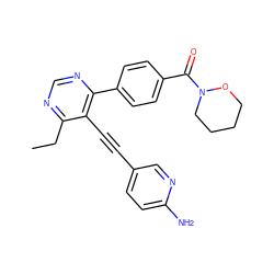 CCc1ncnc(-c2ccc(C(=O)N3CCCCO3)cc2)c1C#Cc1ccc(N)nc1 ZINC000148678628