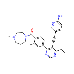 CCc1ncnc(-c2ccc(C(=O)N3CCCN(C)CC3)c(C)c2)c1C#Cc1ccc(N)nc1 ZINC000148711131