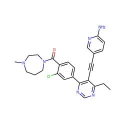 CCc1ncnc(-c2ccc(C(=O)N3CCCN(C)CC3)c(Cl)c2)c1C#Cc1ccc(N)nc1 ZINC000148735625