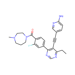 CCc1ncnc(-c2ccc(C(=O)N3CCCN(C)CC3)c(F)c2)c1C#Cc1ccc(N)nc1 ZINC000148734025