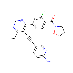 CCc1ncnc(-c2ccc(C(=O)N3CCCO3)c(Cl)c2)c1C#Cc1ccc(N)nc1 ZINC000167383478