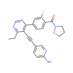 CCc1ncnc(-c2ccc(C(=O)N3CCCO3)c(F)c2)c1C#Cc1ccc(N)nc1 ZINC000148750001