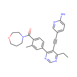 CCc1ncnc(-c2ccc(C(=O)N3CCCOCC3)c(C)c2)c1C#Cc1ccc(N)nc1 ZINC000148696495