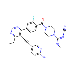 CCc1ncnc(-c2ccc(C(=O)N3CCN(/C(=N\C#N)NC)CC3)c(F)c2)c1C#Cc1ccc(N)nc1 ZINC000167339814