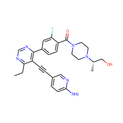 CCc1ncnc(-c2ccc(C(=O)N3CCN([C@@H](C)CO)CC3)c(F)c2)c1C#Cc1ccc(N)nc1 ZINC000148346923