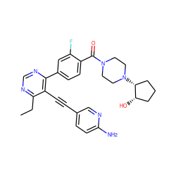 CCc1ncnc(-c2ccc(C(=O)N3CCN([C@@H]4CCC[C@@H]4O)CC3)c(F)c2)c1C#Cc1ccc(N)nc1 ZINC000167460243