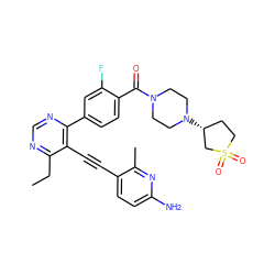 CCc1ncnc(-c2ccc(C(=O)N3CCN([C@@H]4CCS(=O)(=O)C4)CC3)c(F)c2)c1C#Cc1ccc(N)nc1C ZINC000148571561