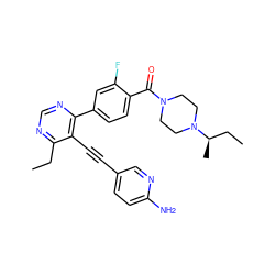 CCc1ncnc(-c2ccc(C(=O)N3CCN([C@H](C)CC)CC3)c(F)c2)c1C#Cc1ccc(N)nc1 ZINC000148811728