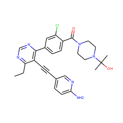 CCc1ncnc(-c2ccc(C(=O)N3CCN(C(C)(C)O)CC3)c(Cl)c2)c1C#Cc1ccc(N)nc1 ZINC000167343529