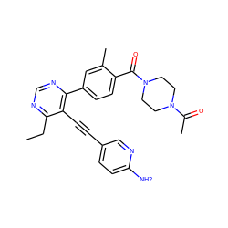 CCc1ncnc(-c2ccc(C(=O)N3CCN(C(C)=O)CC3)c(C)c2)c1C#Cc1ccc(N)nc1 ZINC000167395419