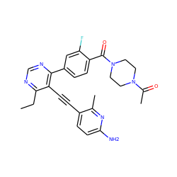 CCc1ncnc(-c2ccc(C(=O)N3CCN(C(C)=O)CC3)c(F)c2)c1C#Cc1ccc(N)nc1C ZINC000167328711