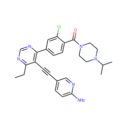 CCc1ncnc(-c2ccc(C(=O)N3CCN(C(C)C)CC3)c(Cl)c2)c1C#Cc1ccc(N)nc1 ZINC000148392462