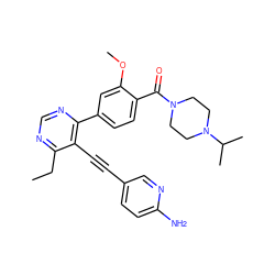 CCc1ncnc(-c2ccc(C(=O)N3CCN(C(C)C)CC3)c(OC)c2)c1C#Cc1ccc(N)nc1 ZINC000148687919