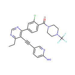 CCc1ncnc(-c2ccc(C(=O)N3CCN(C(F)(F)F)CC3)c(Cl)c2)c1C#Cc1ccc(N)nc1 ZINC000167308372