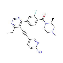 CCc1ncnc(-c2ccc(C(=O)N3CCN(C)C[C@@H]3C)c(F)c2)c1C#Cc1ccc(N)nc1 ZINC000167483611