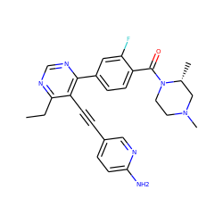 CCc1ncnc(-c2ccc(C(=O)N3CCN(C)C[C@H]3C)c(F)c2)c1C#Cc1ccc(N)nc1 ZINC000167483256