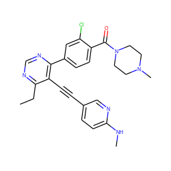 CCc1ncnc(-c2ccc(C(=O)N3CCN(C)CC3)c(Cl)c2)c1C#Cc1ccc(NC)nc1 ZINC000148703847