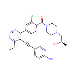 CCc1ncnc(-c2ccc(C(=O)N3CCN(C[C@@H](C)O)CC3)c(Cl)c2)c1C#Cc1ccc(N)nc1 ZINC000167467556