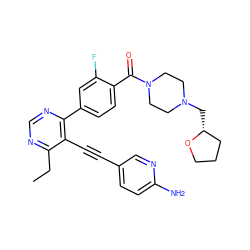 CCc1ncnc(-c2ccc(C(=O)N3CCN(C[C@@H]4CCCO4)CC3)c(F)c2)c1C#Cc1ccc(N)nc1 ZINC000148953649