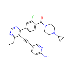 CCc1ncnc(-c2ccc(C(=O)N3CCN(C4CC4)CC3)c(Cl)c2)c1C#Cc1ccc(N)nc1 ZINC000148632535