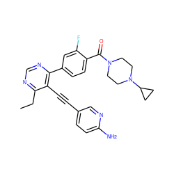 CCc1ncnc(-c2ccc(C(=O)N3CCN(C4CC4)CC3)c(F)c2)c1C#Cc1ccc(N)nc1 ZINC000148301524