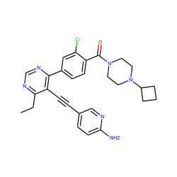 CCc1ncnc(-c2ccc(C(=O)N3CCN(C4CCC4)CC3)c(Cl)c2)c1C#Cc1ccc(N)nc1 ZINC000148391788