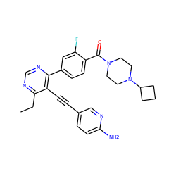 CCc1ncnc(-c2ccc(C(=O)N3CCN(C4CCC4)CC3)c(F)c2)c1C#Cc1ccc(N)nc1 ZINC000167442510