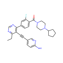 CCc1ncnc(-c2ccc(C(=O)N3CCN(C4CCCC4)CC3)c(F)c2)c1C#Cc1ccc(N)nc1 ZINC000148301243