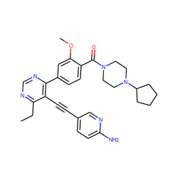 CCc1ncnc(-c2ccc(C(=O)N3CCN(C4CCCC4)CC3)c(OC)c2)c1C#Cc1ccc(N)nc1 ZINC000148581812