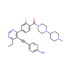 CCc1ncnc(-c2ccc(C(=O)N3CCN(C4CCN(C)CC4)CC3)c(F)c2)c1C#Cc1ccc(N)nc1 ZINC000148873848