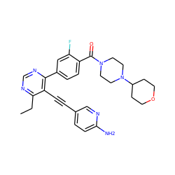 CCc1ncnc(-c2ccc(C(=O)N3CCN(C4CCOCC4)CC3)c(F)c2)c1C#Cc1ccc(N)nc1 ZINC000148726594