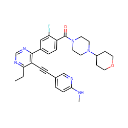 CCc1ncnc(-c2ccc(C(=O)N3CCN(C4CCOCC4)CC3)c(F)c2)c1C#Cc1ccc(NC)nc1 ZINC000148390217