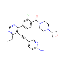 CCc1ncnc(-c2ccc(C(=O)N3CCN(C4COC4)CC3)c(Cl)c2)c1C#Cc1ccc(N)nc1 ZINC000167455810