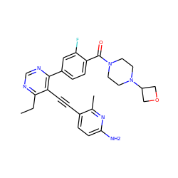 CCc1ncnc(-c2ccc(C(=O)N3CCN(C4COC4)CC3)c(F)c2)c1C#Cc1ccc(N)nc1C ZINC000167456773