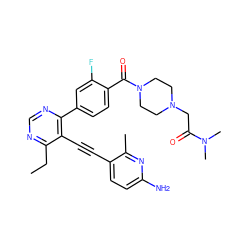 CCc1ncnc(-c2ccc(C(=O)N3CCN(CC(=O)N(C)C)CC3)c(F)c2)c1C#Cc1ccc(N)nc1C ZINC000167296722