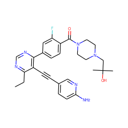 CCc1ncnc(-c2ccc(C(=O)N3CCN(CC(C)(C)O)CC3)c(F)c2)c1C#Cc1ccc(N)nc1 ZINC000148715189