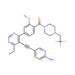 CCc1ncnc(-c2ccc(C(=O)N3CCN(CC(F)(F)F)CC3)c(OC)c2)c1C#Cc1ccc(N)nc1 ZINC000148838888